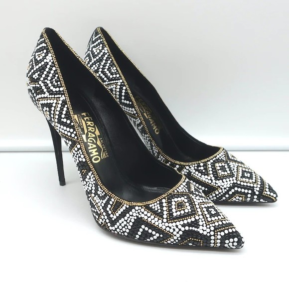 Salvatore Ferragamo Fiore Mosaic Beaded Pumps Size 10 Pointed Toe Heels - Picture 1 of 12